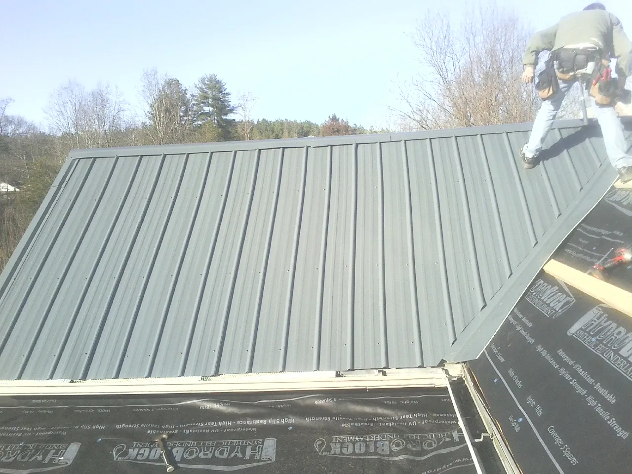 Crew installing dark green standing seam panels over synthetic underlayment in Pierz